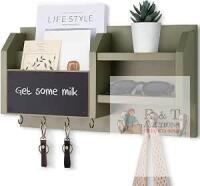 New wenki Mail and Key Holder &ndash; Wall Mount Key Hanger with Shelf and 7 Metal Hooks &ndash; Decorative Natural Paulownia Wood Entryway Organizer with Mounting Hardware (16.5&rdquo;W x 8.7&rdquo;H x 3.5&rdquo;D) (Sage-Green)