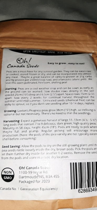 New, 2 packages of Survival Peas. 150 g per bag