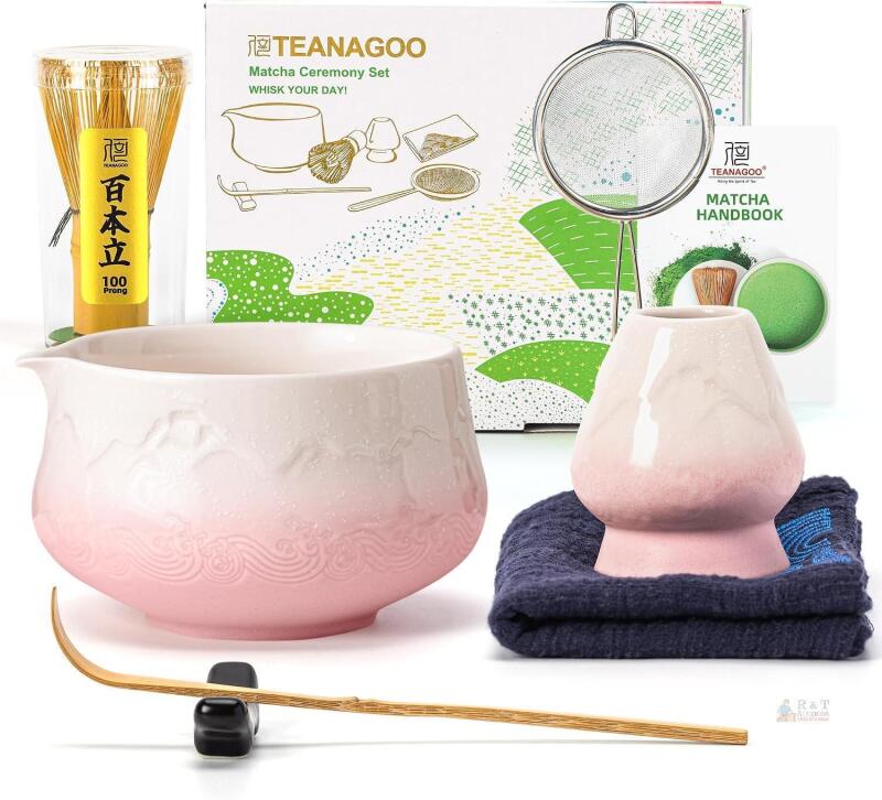 New TEANAGOO Matcha Set Pink, 7 Pcs Matcha Whisk Set, Matcha Kit for Ceremony, Tradition Tea Set for Making Breakfast/Latte, Matcha Whisk Set with Bowl(Chawan)/Whisk and Holder, Gift for Family/Friend