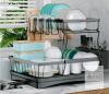2-Tier Kitchen Dish Drying Rack with Utensil and Cup Holders, Black Frame with Wood Accent