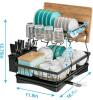 2-Tier Kitchen Dish Drying Rack with Utensil and Cup Holders, Black Frame with Wood Accent - 2