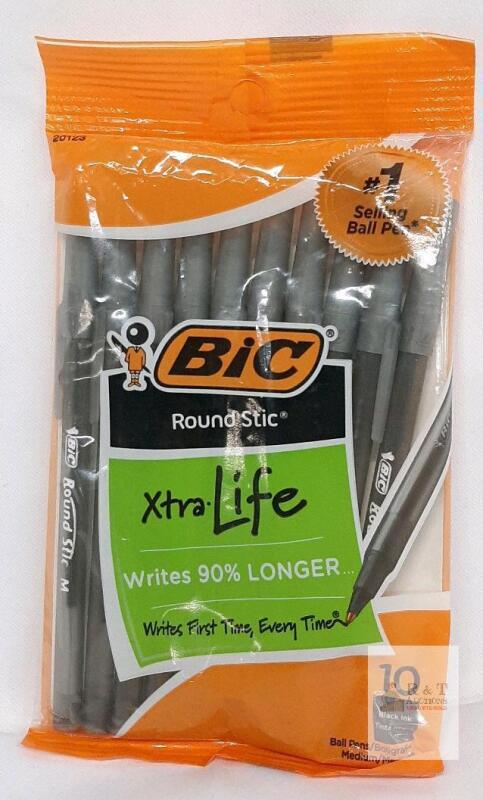 BIC Round Stic Xtra Life Ballpoint Pens, Medium Point 1.0 mm, Black Ink, 10-Pack