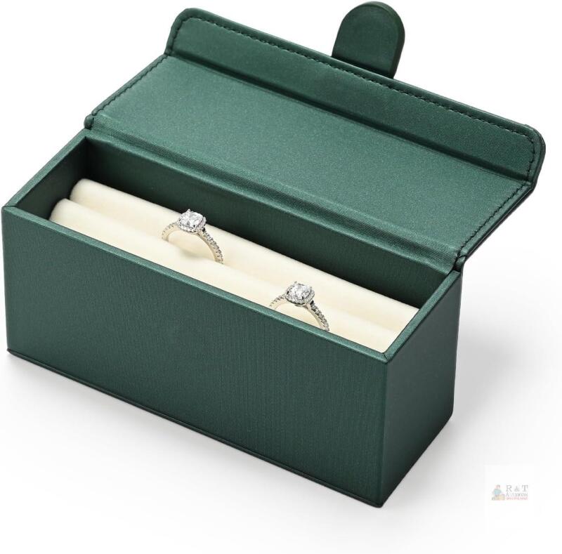 NEW PU Leather Travel Ring Box, 2 Slot Mini Jewelry Organizer for Purse | Green, Velvet Interior, Magnetic Closure, Holds 12+ Rings, Fits in Purse & Luggage, for Rings & Earrings CAP-H17602 Retails $39.99