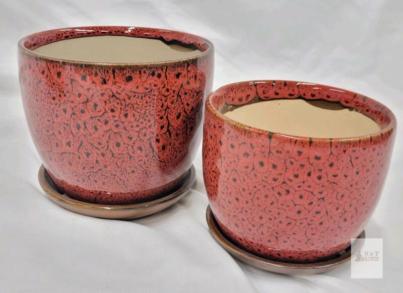 NEW Pair of Red Glazed Ceramic Planter Pots with Saucers, 6" & 5" Diameter Matching Set, Glossy Finish