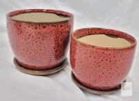 NEW Pair of Red Glazed Ceramic Planter Pots with Saucers, 6" & 5" Diameter Matching Set, Glossy Finish