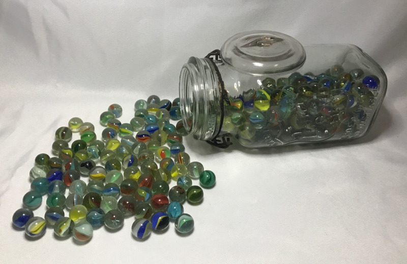 Mason Jar of Vintage Cats Eye Marbles