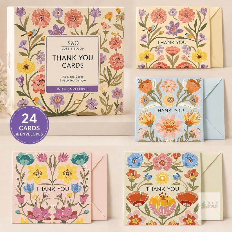 New Sweetzer & Orange Dust & Bloom Thank You Cards with Envelopes - Blank Greeting Card for Handwritten Messages - 4x5.5" Thank You Notes Set of 24 - Assorted Thank You Cards with Color Envelopes to Mix & Match