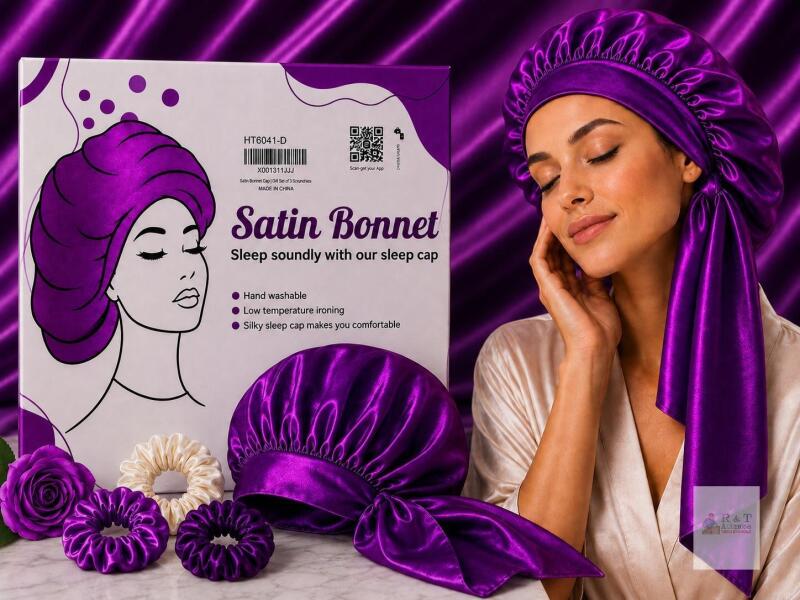 NEW Rich Violet Satin Bonnet Sleep Cap with 3 Satin Scrunchies, Silky Hair Protection Set