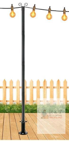 Outdoor 9 ft Metal String Light Pole, 1.5" Diameter, Heavy-Duty Flange Base, Black Finish
