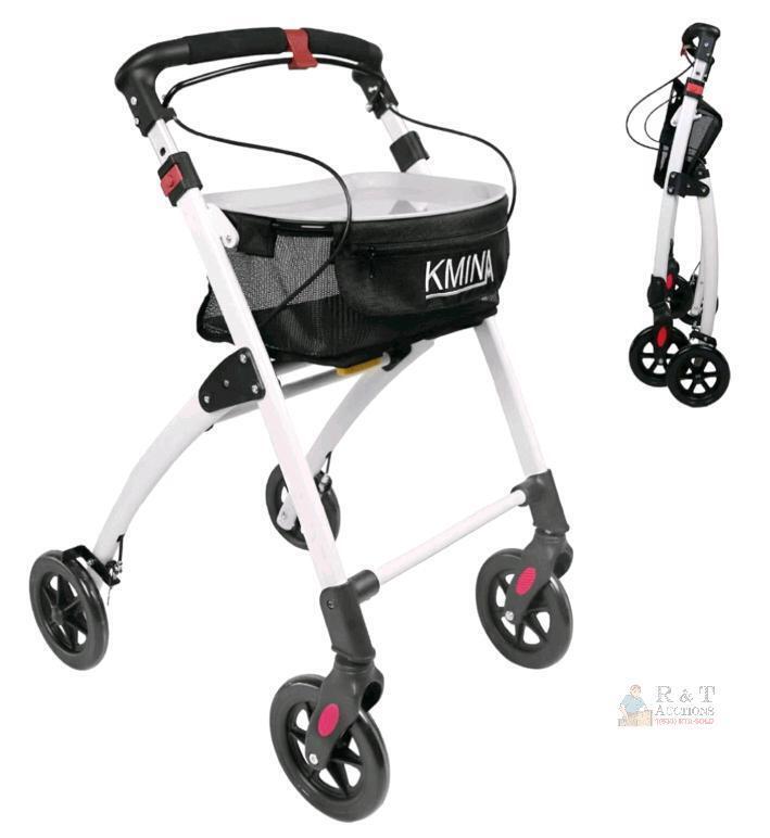 KMina PRO Rollator Walker 4-Wheel Folding Aluminum, Adjustable Height, Basket & Tray, 299 lb Cap