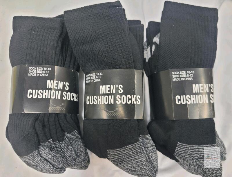 Men&rsquo;s Cushion Crew Socks, Black, Sz 10-13, Shoe Size 6-12, 3 Packs, Cushioned Sole