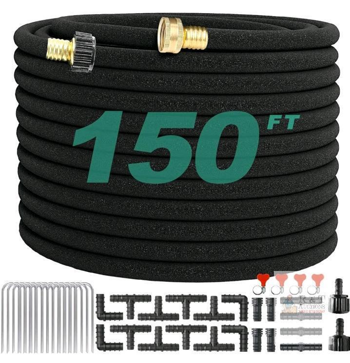 150 ft Soaker Hose Irrigation Kit with 1/2" Diameter, Solid Brass Connectors, and Accessories