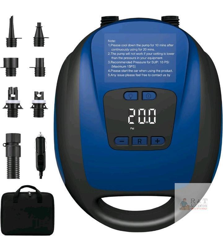 Electric Air Pump for SUPs and Inflatables, 12V DC, 20 PSI, Digital LCD, Auto Shutoff
