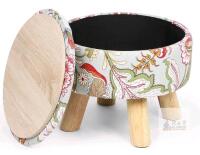 Round Upholstered Floral Storage Ottoman Footstool, Wooden Legs, 12.7" Diameter, 350 lb Capacity