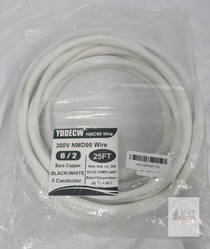 YDDECW 6/2 NMD90 Copper Cable, 25 ft, 300V, 3-Conductor, Black/White, PVC Jacket, CSA, RoHS