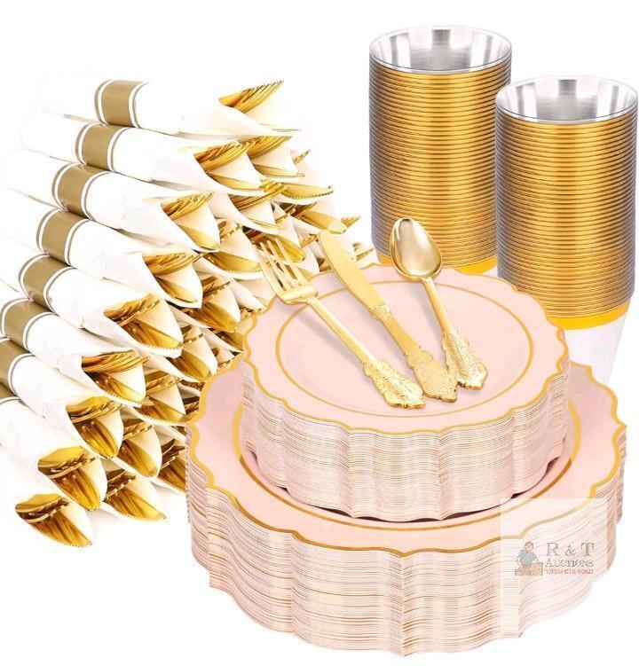 Anqtovp 350-Piece Pink and Gold Disposable Dinnerware Set with Plates, Cups, Cutlery, and Napkins