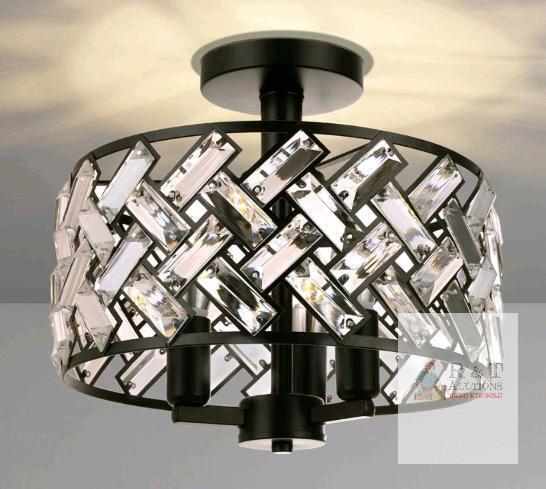 NEW Fridcko Home K9 Crystal 3-Light Semi-Flush Mount Ceiling Fixture, 12" Diameter, Modern Black Finish
