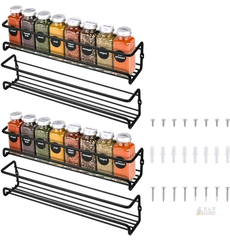 Wall Mounted Metal Spice Rack Set, 4-Tier, Black, with Mounting Hardware