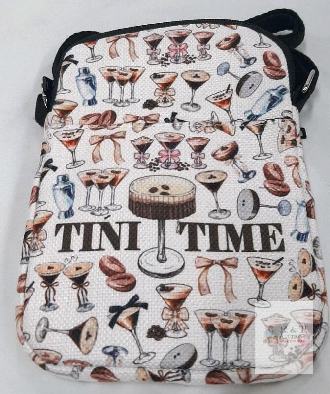 Tini Time Espresso Martini Crossbody Bag, 2 Zipper Pockets, Adjustable Strap, Novelty Print