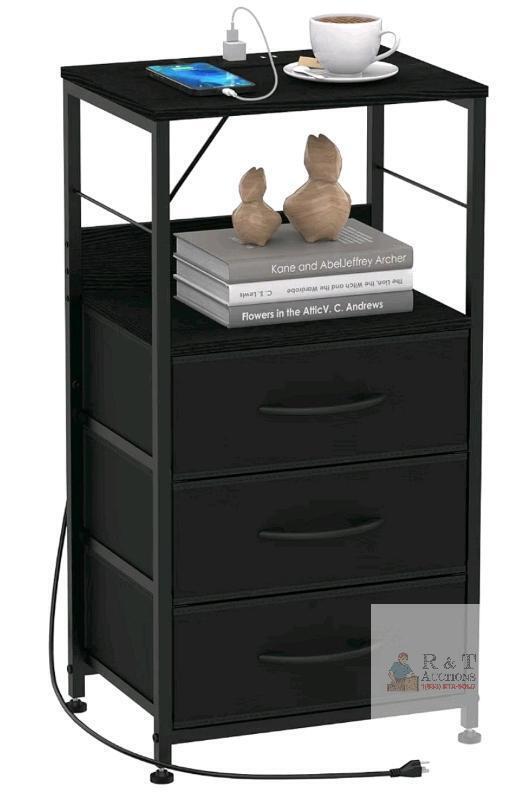 Black Bedside Nightstand with Charging Station, 3 Fabric Drawers, 2 AC Outlets, USB Ports
