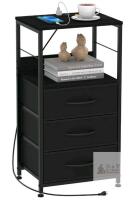 Black Bedside Nightstand with Charging Station, 3 Fabric Drawers, 2 AC Outlets, USB Ports