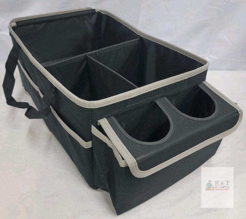 Foldable Car Trunk Organizer, 4 Compartments, 2 Cup Holders, Black & Gray, Universal Fit