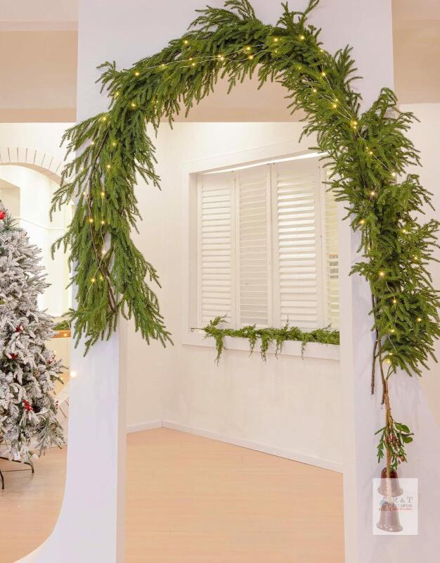 NEW MISSPIN 9ft Christmas Garland with LED Lights, Real Touch Norfolk Pine Garland, Green Artificial Greenery Garland for Table, Mantle, String Light, Wall, Indoor, Outdoor Christmas Decorations