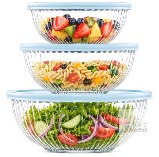 Glass Mixing Bowl Set 3 Sizes w/ BPA-Free Lids, 1.1&ndash;3.7 qt, Nesting, Airtight, Dishwasher Safe