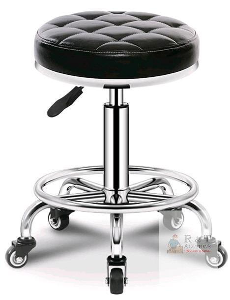 New Pneumatic Adjustable Rolling Stool, Black Seat, Chrome Base, Foot Ring, 5 Casters- no pattern on seat
