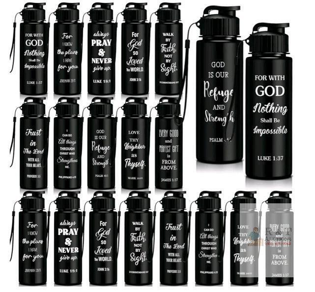 20 new 500ml Black Plastic Water Bottle, Leakproof, Bible Verses, Screw Lid, Carry Strap,