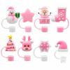 New 8PCS Pink Christmas Straw Toppers for Stanley Cups,3D Santa Claus Xmas Tree Straw Cover Caps for Stanley 30&40 Oz Tumbler,10mm 0.4in Reusable Soft Silicone Drinking
