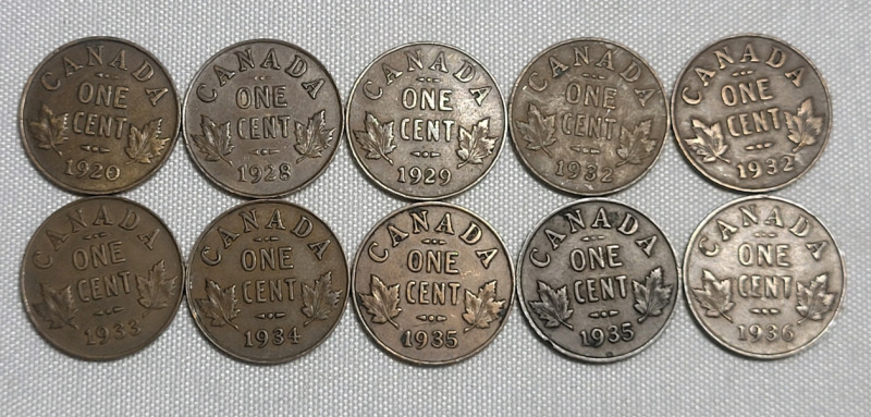 1920 - 1936 Canadian King George V Pennies - 10 Coins