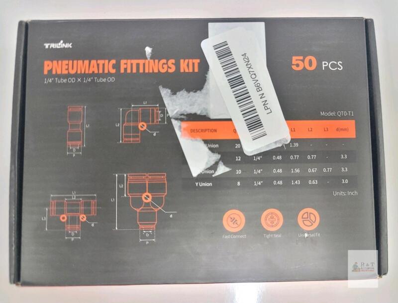 TRILINK QTO-T1 Pneumatic Fittings Kit, 1/4" OD, 50 pcs, Push-to-Connect