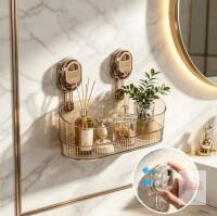 No-Drill Gold Bathroom Organizer Shelf, Suction Cup Wall Mount, 14-inch Metal Storage Rack
