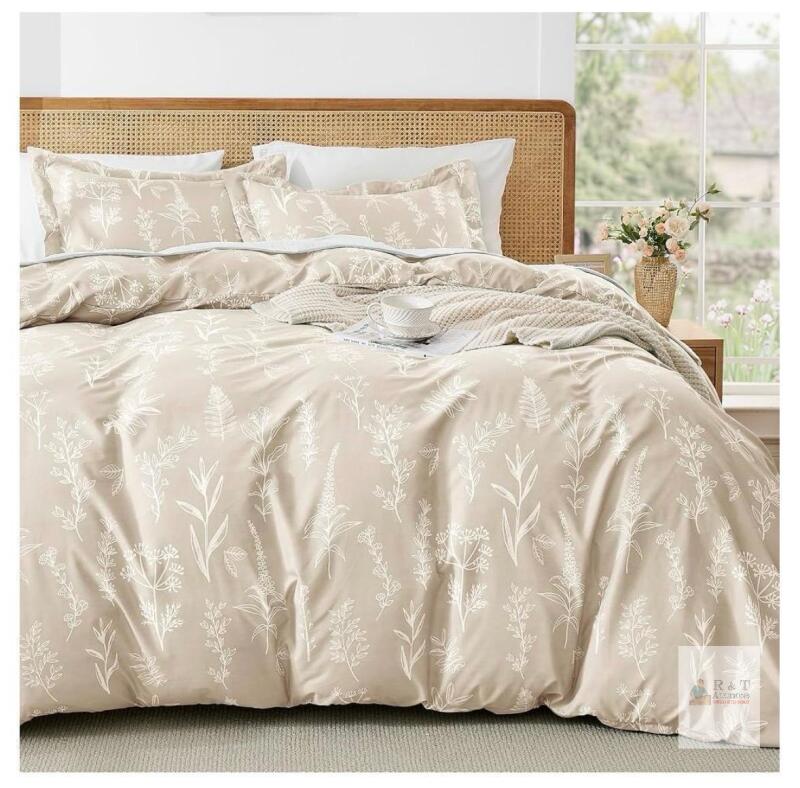 Queen Botanical Beige Duvet Cover Set with 2 Pillow Shams, Floral Print, Machine Washable