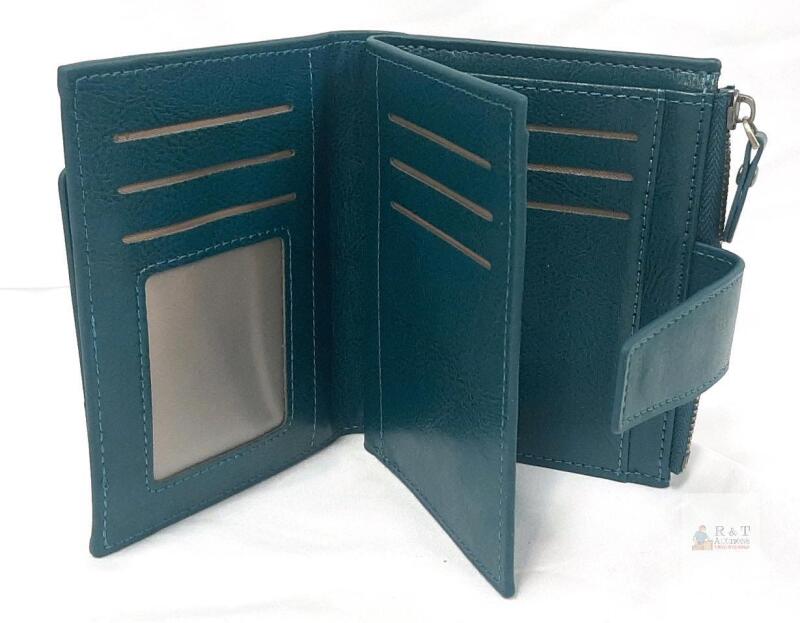 Tri-Fold Teal Blue Wallet, 9 Card Slots, Zippered Coin Pocket, ID Window, Snap Closure
