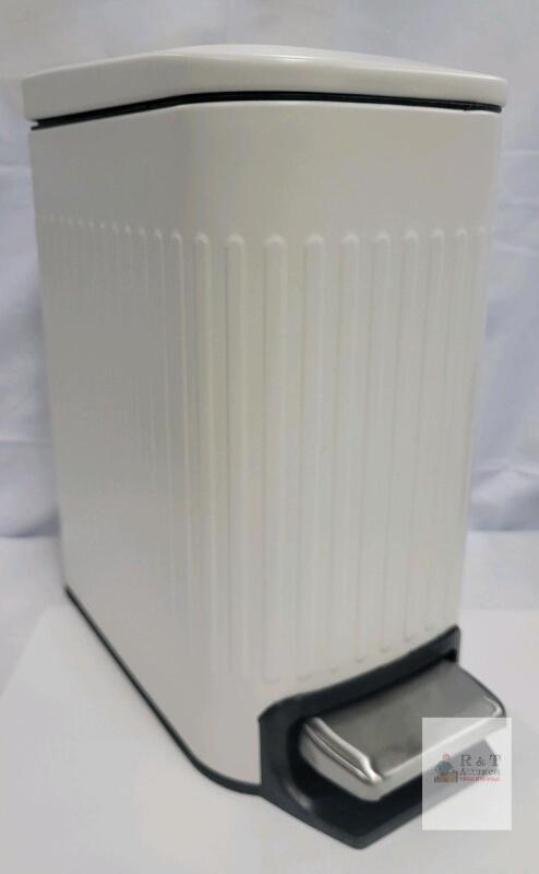 White 8 Gallon Steel Rectangular Pedal Trash Can, 17.5" Tall, Step-On Lid, Stainless Steel Pedal