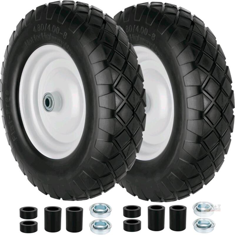 4.80/4.00-8 Flat-Free Wheelbarrow Wheels, 14.5" x 3.2", Steel Rim, Fits 5/8" & 3/4" Axles (Pair)
