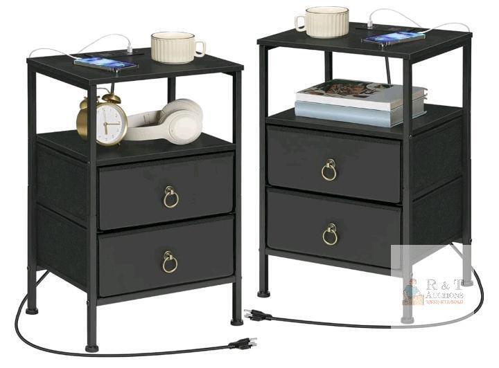 Set of 2 Hoobro BB110UBZP201 Nightstands, Black, Charging Outlets, 2-Drawer Bedside Tables, 14.9"x11"x23.6"