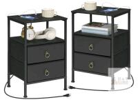 Set of 2 Hoobro BB110UBZP201 Nightstands, Black, Charging Outlets, 2-Drawer Bedside Tables, 14.9"x11"x23.6"