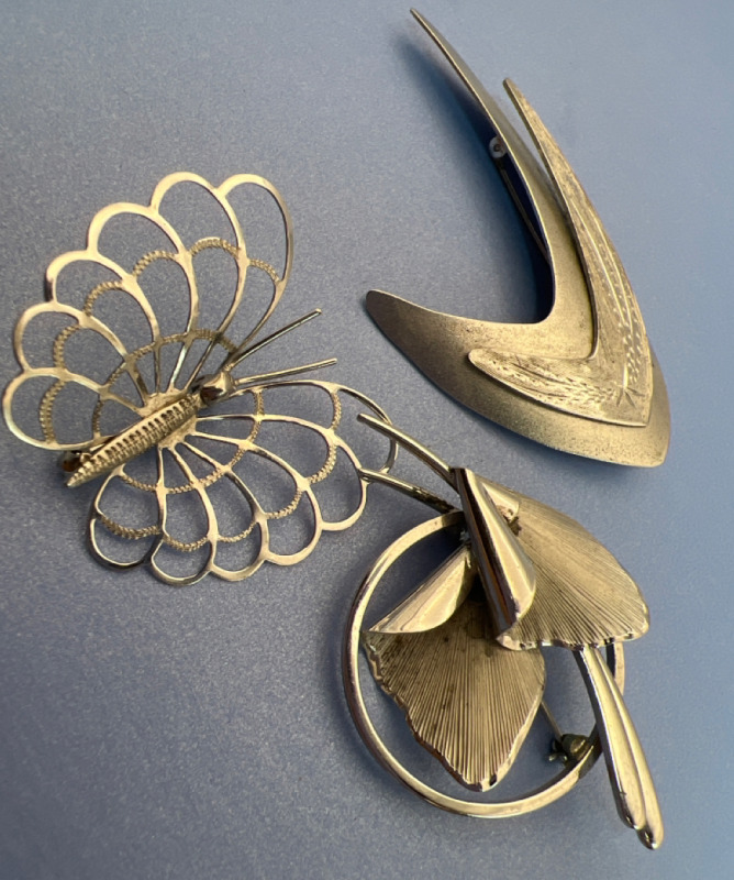 Three Sterling Bond Boyd Brooches Butterfly Art Deco Nuevous