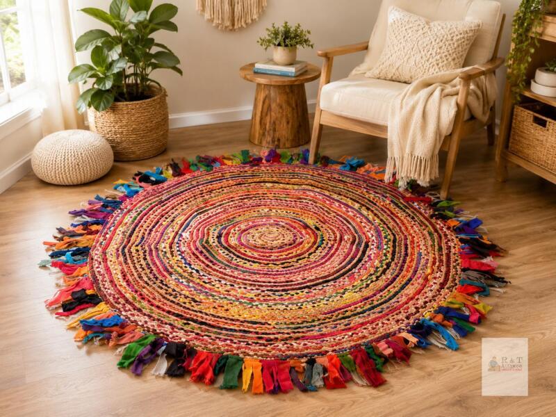 Gruhum 5ft Round Multicolored Braided Jute Rug with Tassels