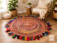 Gruhum 5ft Round Multicolored Braided Jute Rug with Tassels