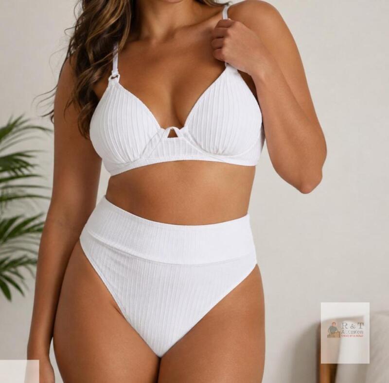 White Ribbed Bikini, Size Large, 2-Piece Set, Padded Adjustable Top,