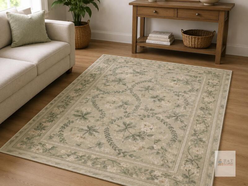 NEW 4X6 Floral Vine Design Area Rug, Light Green/Cream, Machine-Made, Approx. 0.2" Pile Height