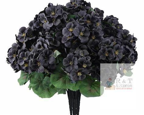 NEW 6-Pc Black Artificial Geranium Flower Bundles, Faux Silk Indoor/Outdoor D&eacute;cor