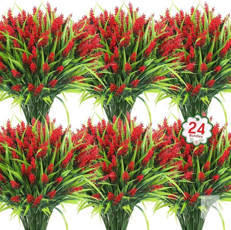 NEW Ouddy Decor 24-Pc Red Artificial Lavender & Grass Bundles &ndash; Outdoor/Indoor