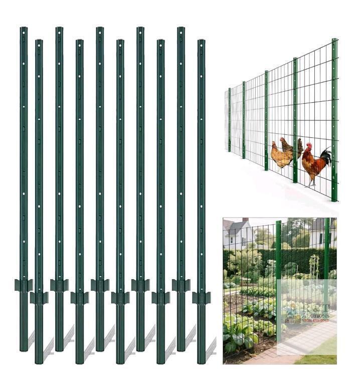 NEW 4 ft Steel T-Posts, Green Powder-Coated, 10 Pack, Heavy Duty Fence Posts w/ Ground Plate & 3 in Spacing