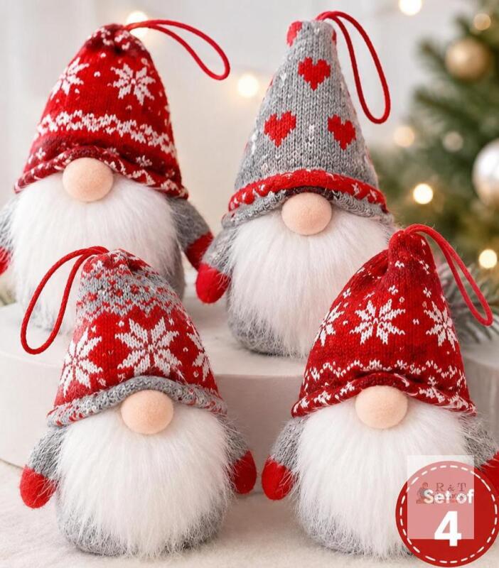 D-FantiX Christmas Gnome Ornaments Set of 4 &ndash; Plush Red Gray Nordic Decor, 5.5in, X002M1F8BR