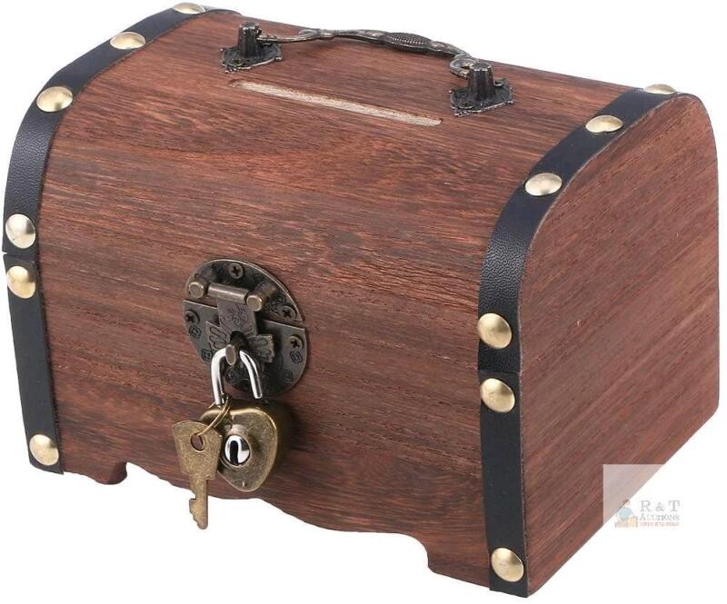 New Wood and Leather Treasure Chest Piggy Bank With Lock & Keys, 14.5 x 10.5 cm